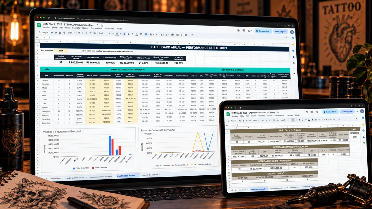 Demonstração da planilha de meta e faturamento em notebook e tablet