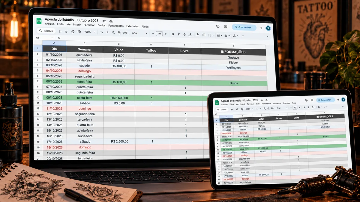 Bancada de estúdio com notebook e tablet mostrando a agenda de atendimentos da planilha